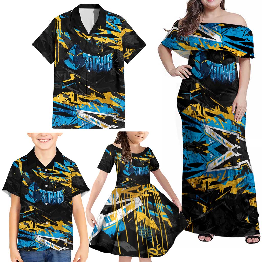 Personalized Gold Coast Titans Family Matching Off Shoulder Maxi Dress and Hawaiian Shirt Graffiti Grunge Abstract Urban Street Style Design