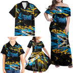 Personalized Gold Coast Titans Family Matching Off Shoulder Maxi Dress and Hawaiian Shirt Graffiti Grunge Abstract Urban Street Style Design
