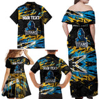 Personalized Gold Coast Titans Family Matching Off Shoulder Maxi Dress and Hawaiian Shirt Graffiti Grunge Abstract Urban Street Style Design