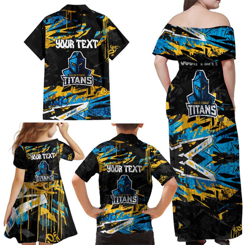 Personalized Gold Coast Titans Family Matching Off Shoulder Maxi Dress and Hawaiian Shirt Graffiti Grunge Abstract Urban Street Style Design