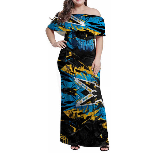 Personalized Gold Coast Titans Family Matching Off Shoulder Maxi Dress and Hawaiian Shirt Graffiti Grunge Abstract Urban Street Style Design