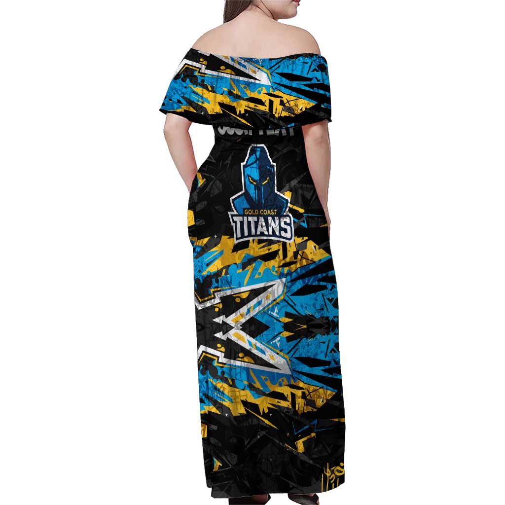 Personalized Gold Coast Titans Family Matching Off Shoulder Maxi Dress and Hawaiian Shirt Graffiti Grunge Abstract Urban Street Style Design