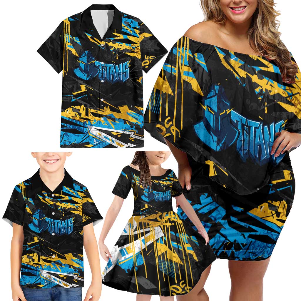 Personalized Gold Coast Titans Family Matching Off Shoulder Short Dress and Hawaiian Shirt Graffiti Grunge Abstract Urban Street Style Design