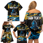 Personalized Gold Coast Titans Family Matching Off Shoulder Short Dress and Hawaiian Shirt Graffiti Grunge Abstract Urban Street Style Design