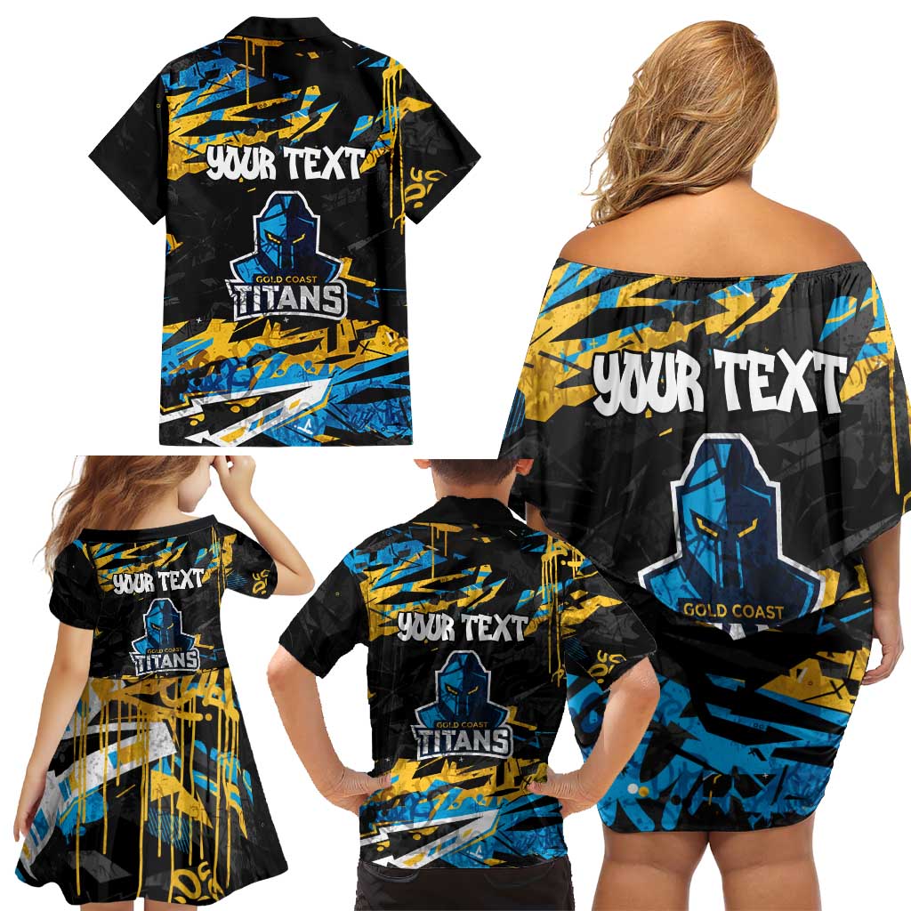 Personalized Gold Coast Titans Family Matching Off Shoulder Short Dress and Hawaiian Shirt Graffiti Grunge Abstract Urban Street Style Design