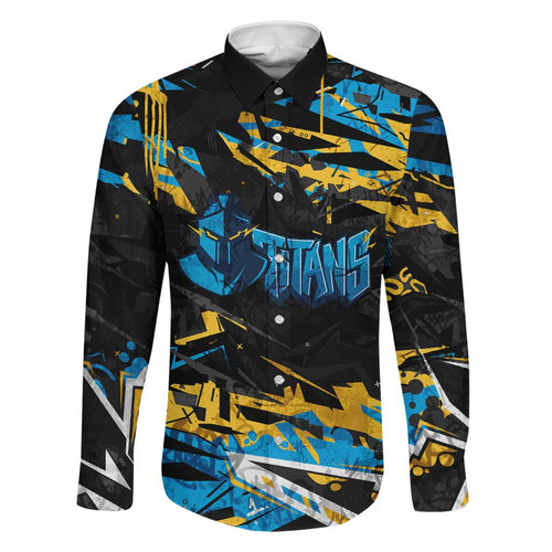 Personalized Gold Coast Titans Family Matching Off Shoulder Short Dress and Hawaiian Shirt Graffiti Grunge Abstract Urban Street Style Design