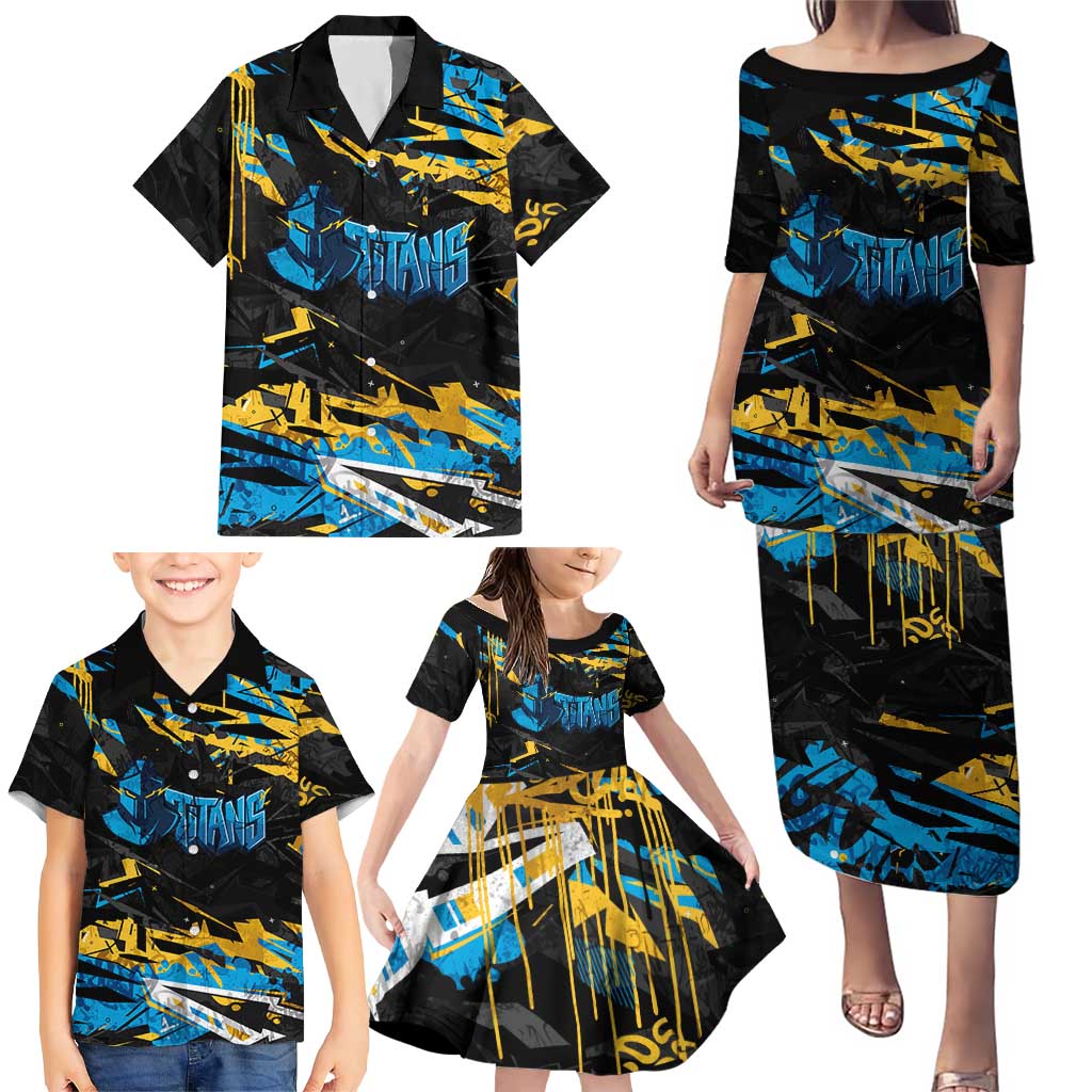 Personalized Gold Coast Titans Family Matching Puletasi and Hawaiian Shirt Graffiti Grunge Abstract Urban Street Style Design
