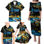 Personalized Gold Coast Titans Family Matching Puletasi and Hawaiian Shirt Graffiti Grunge Abstract Urban Street Style Design