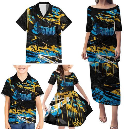 Personalized Gold Coast Titans Family Matching Puletasi and Hawaiian Shirt Graffiti Grunge Abstract Urban Street Style Design