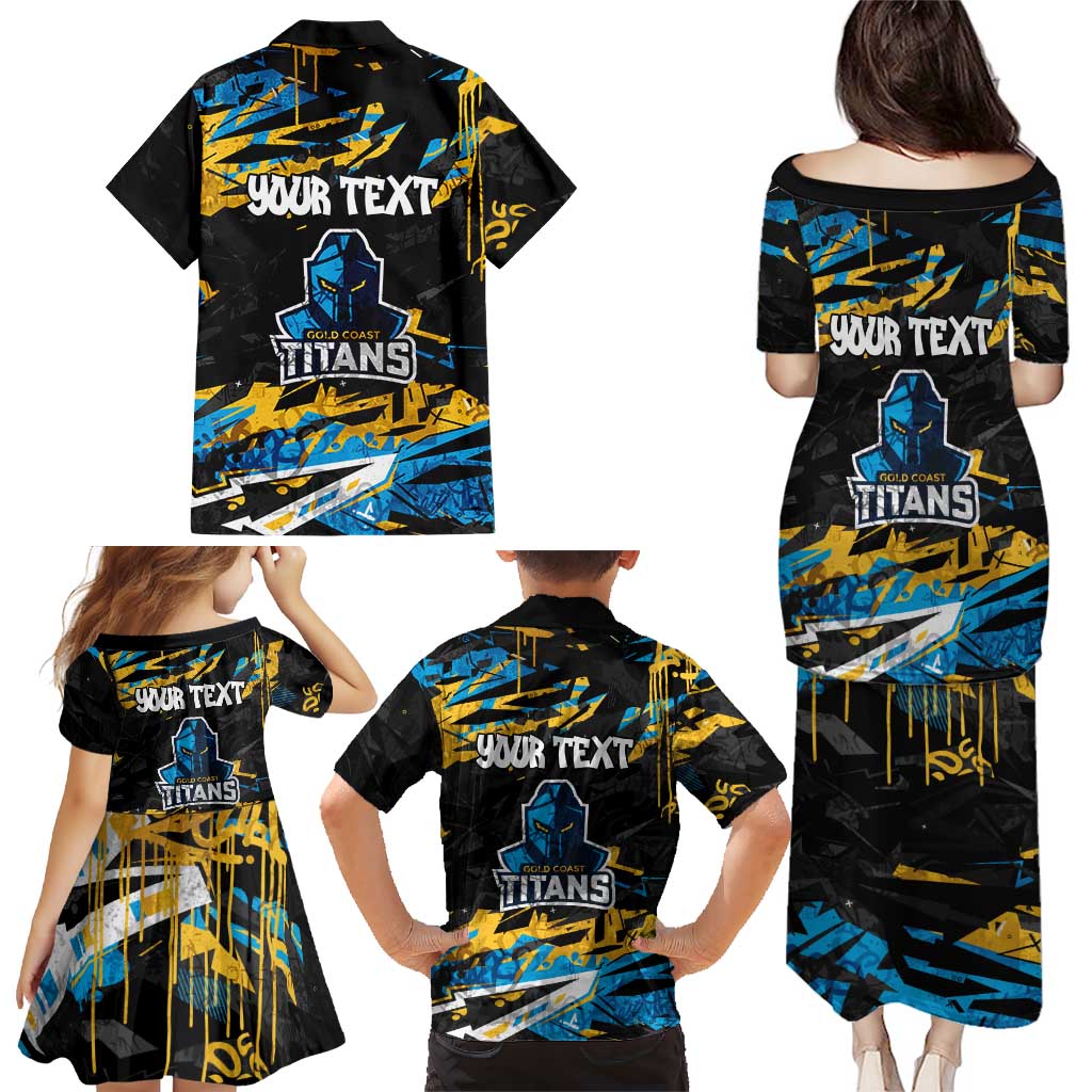 Personalized Gold Coast Titans Family Matching Puletasi and Hawaiian Shirt Graffiti Grunge Abstract Urban Street Style Design