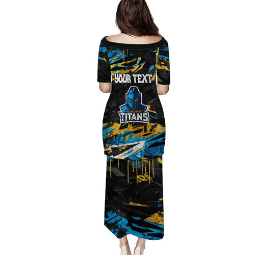 Personalized Gold Coast Titans Family Matching Puletasi and Hawaiian Shirt Graffiti Grunge Abstract Urban Street Style Design