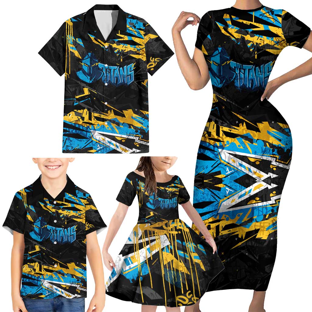 Personalized Gold Coast Titans Family Matching Short Sleeve Bodycon Dress and Hawaiian Shirt Graffiti Grunge Abstract Urban Street Style Design