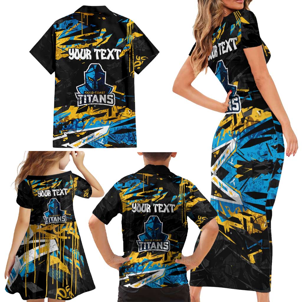 Personalized Gold Coast Titans Family Matching Short Sleeve Bodycon Dress and Hawaiian Shirt Graffiti Grunge Abstract Urban Street Style Design