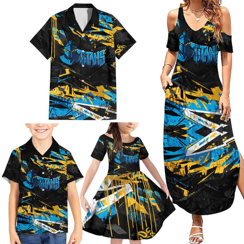 Personalized Gold Coast Titans Family Matching Summer Maxi Dress and Hawaiian Shirt Graffiti Grunge Abstract Urban Street Style Design