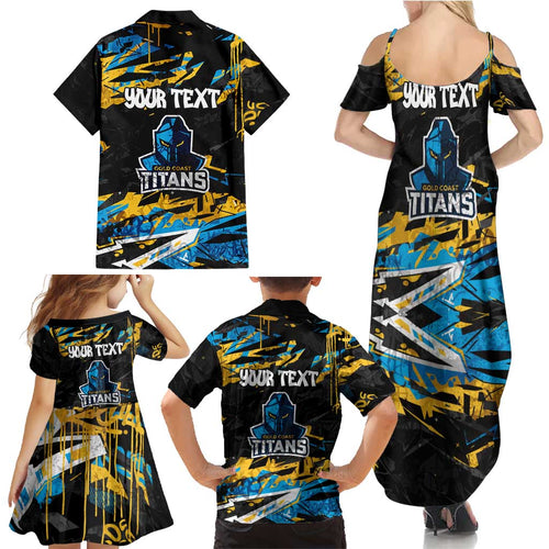 Personalized Gold Coast Titans Family Matching Summer Maxi Dress and Hawaiian Shirt Graffiti Grunge Abstract Urban Street Style Design