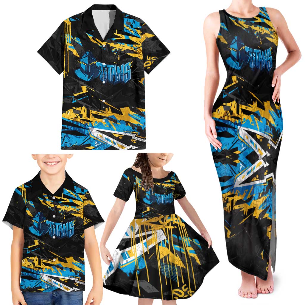 Personalized Gold Coast Titans Family Matching Tank Maxi Dress and Hawaiian Shirt Graffiti Grunge Abstract Urban Street Style Design
