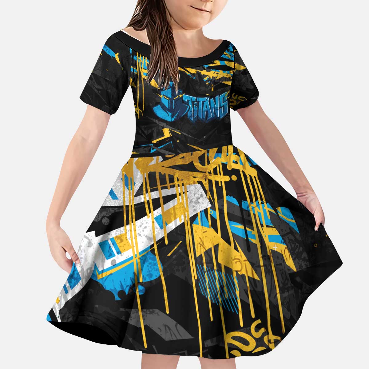 Personalized Gold Coast Titans Kid Short Sleeve Dress Graffiti Grunge Abstract Urban Street Style Design