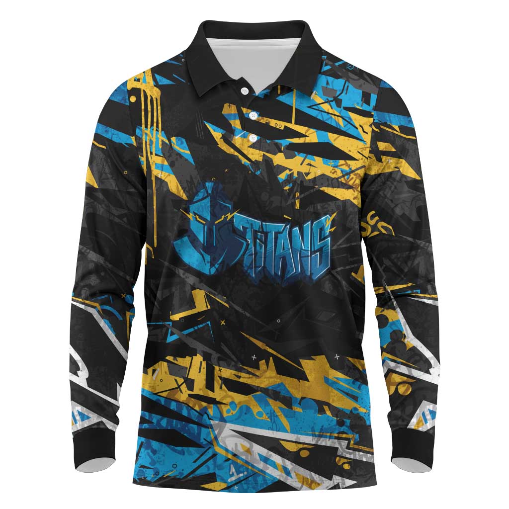 Personalized Gold Coast Titans Long Sleeve Polo Shirt Graffiti Grunge Abstract Urban Street Style Design