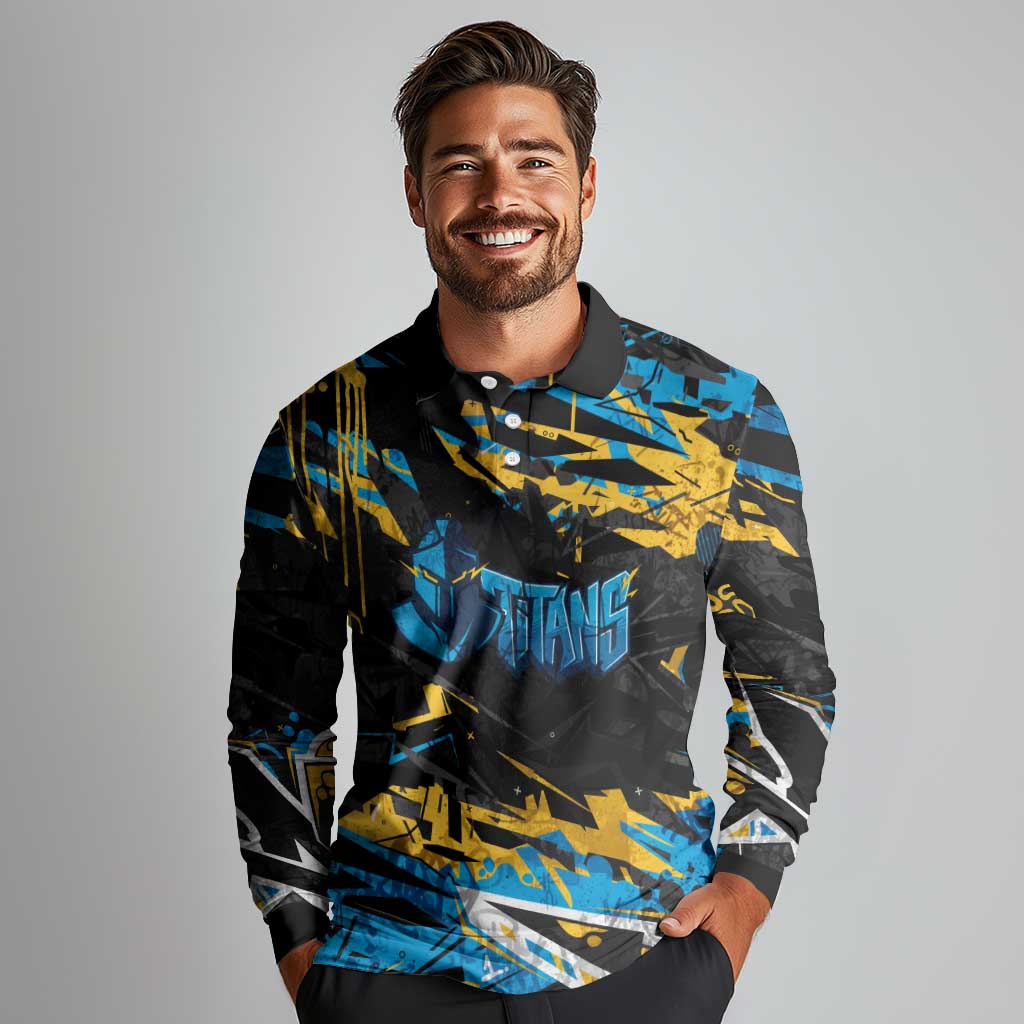Personalized Gold Coast Titans Long Sleeve Polo Shirt Graffiti Grunge Abstract Urban Street Style Design