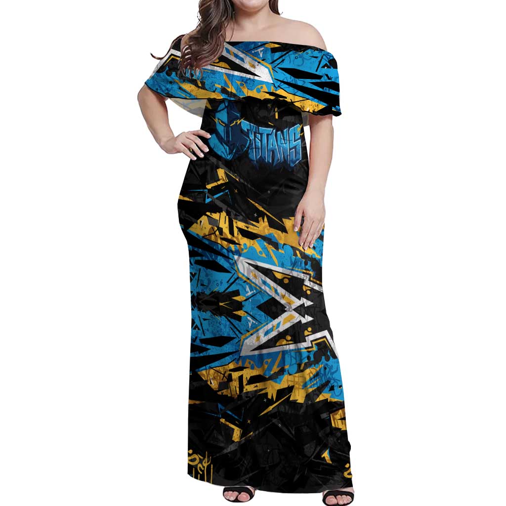 Personalized Gold Coast Titans Off Shoulder Maxi Dress Graffiti Grunge Abstract Urban Street Style Design