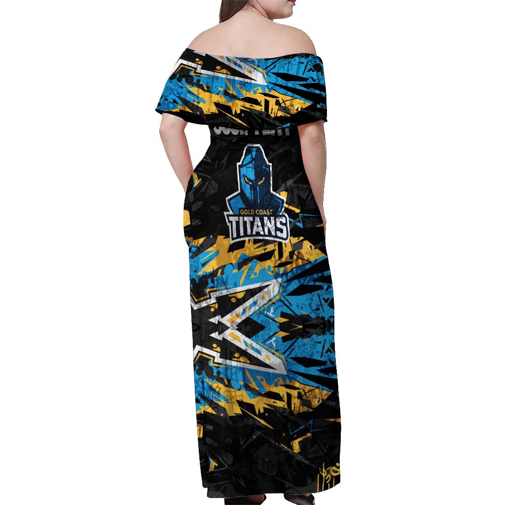 Personalized Gold Coast Titans Off Shoulder Maxi Dress Graffiti Grunge Abstract Urban Street Style Design