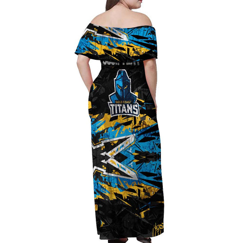 Personalized Gold Coast Titans Off Shoulder Maxi Dress Graffiti Grunge Abstract Urban Street Style Design