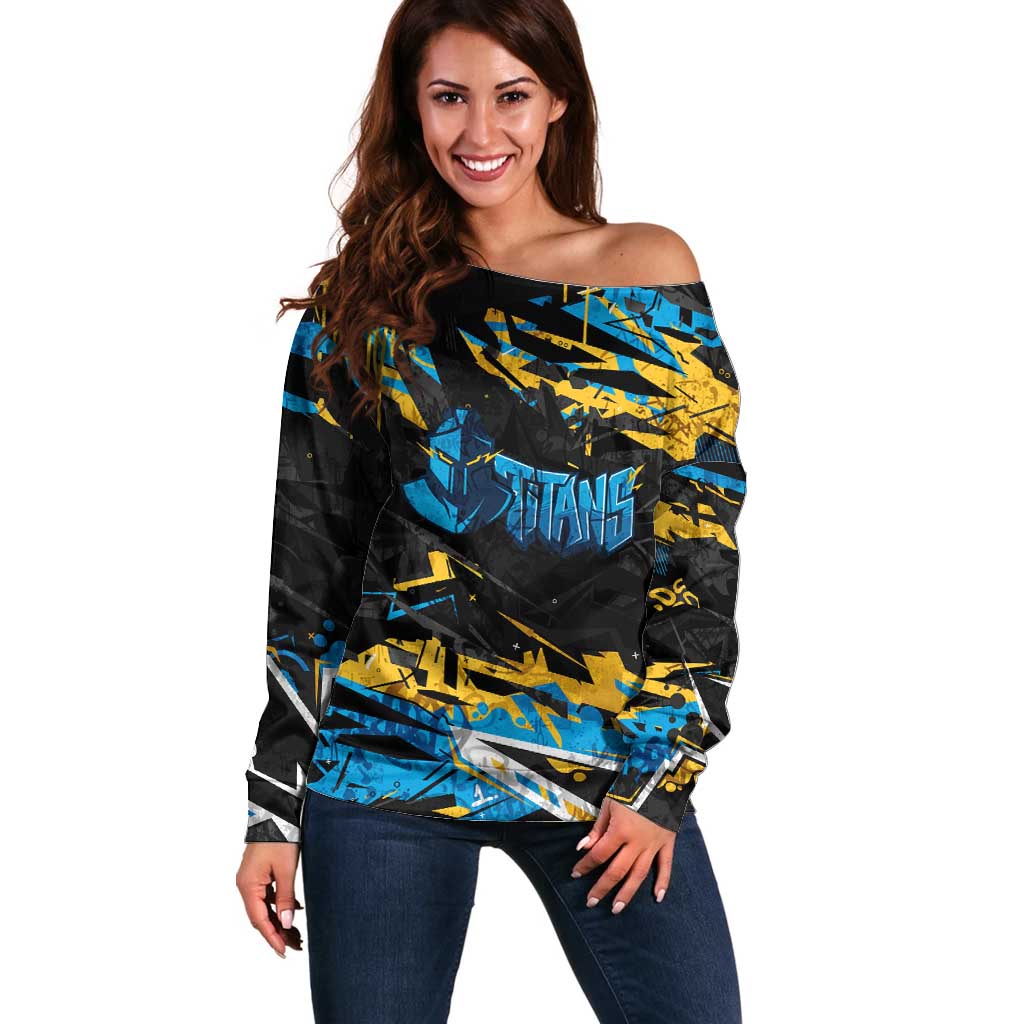 Personalized Gold Coast Titans Off Shoulder Sweater Graffiti Grunge Abstract Urban Street Style Design