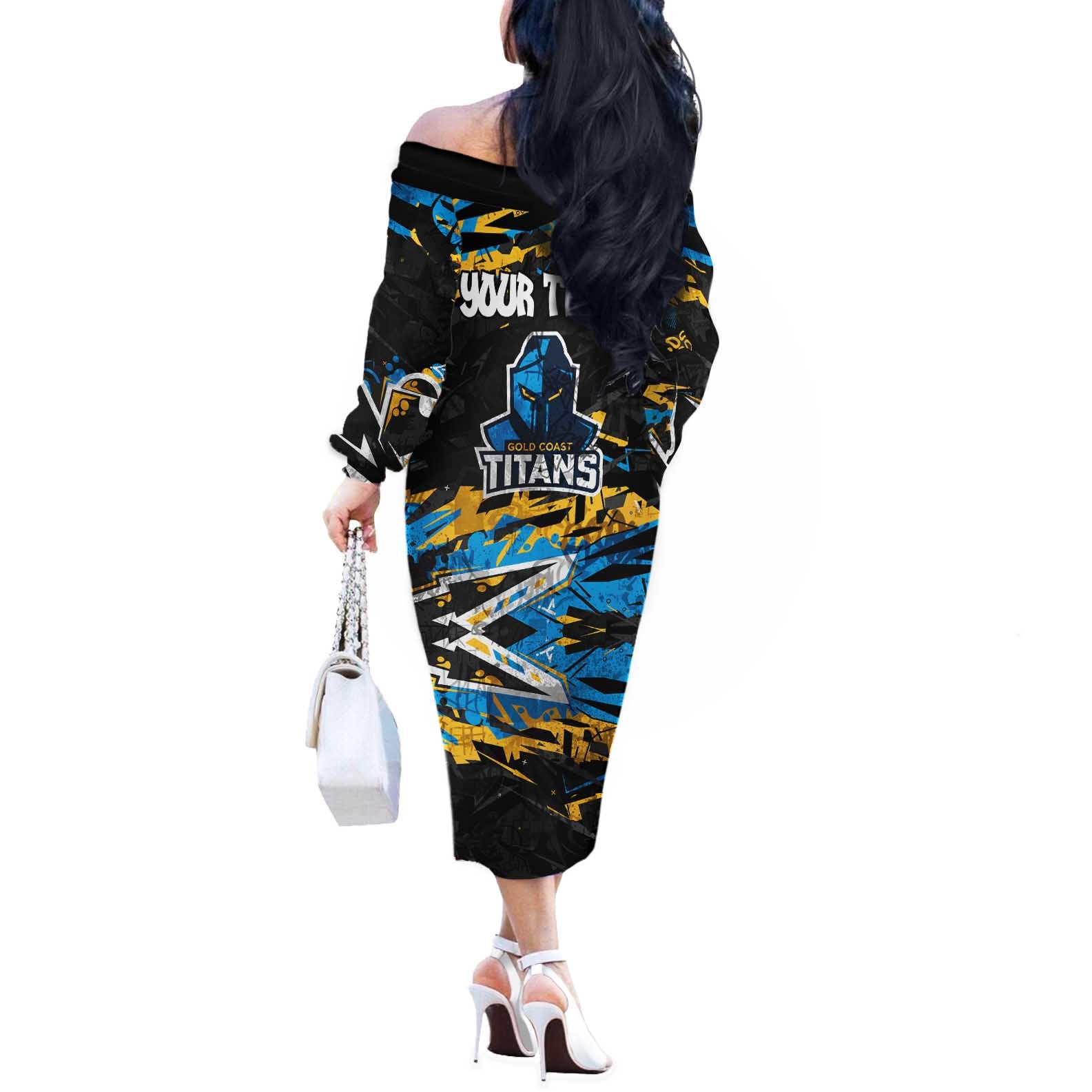 Personalized Gold Coast Titans Off The Shoulder Long Sleeve Dress Graffiti Grunge Abstract Urban Street Style Design