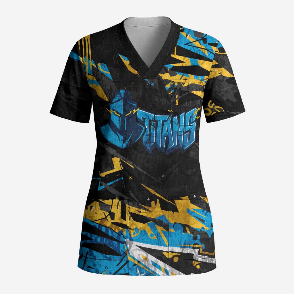 Personalized Gold Coast Titans Scrub Top Graffiti Grunge Abstract Urban Street Style Design