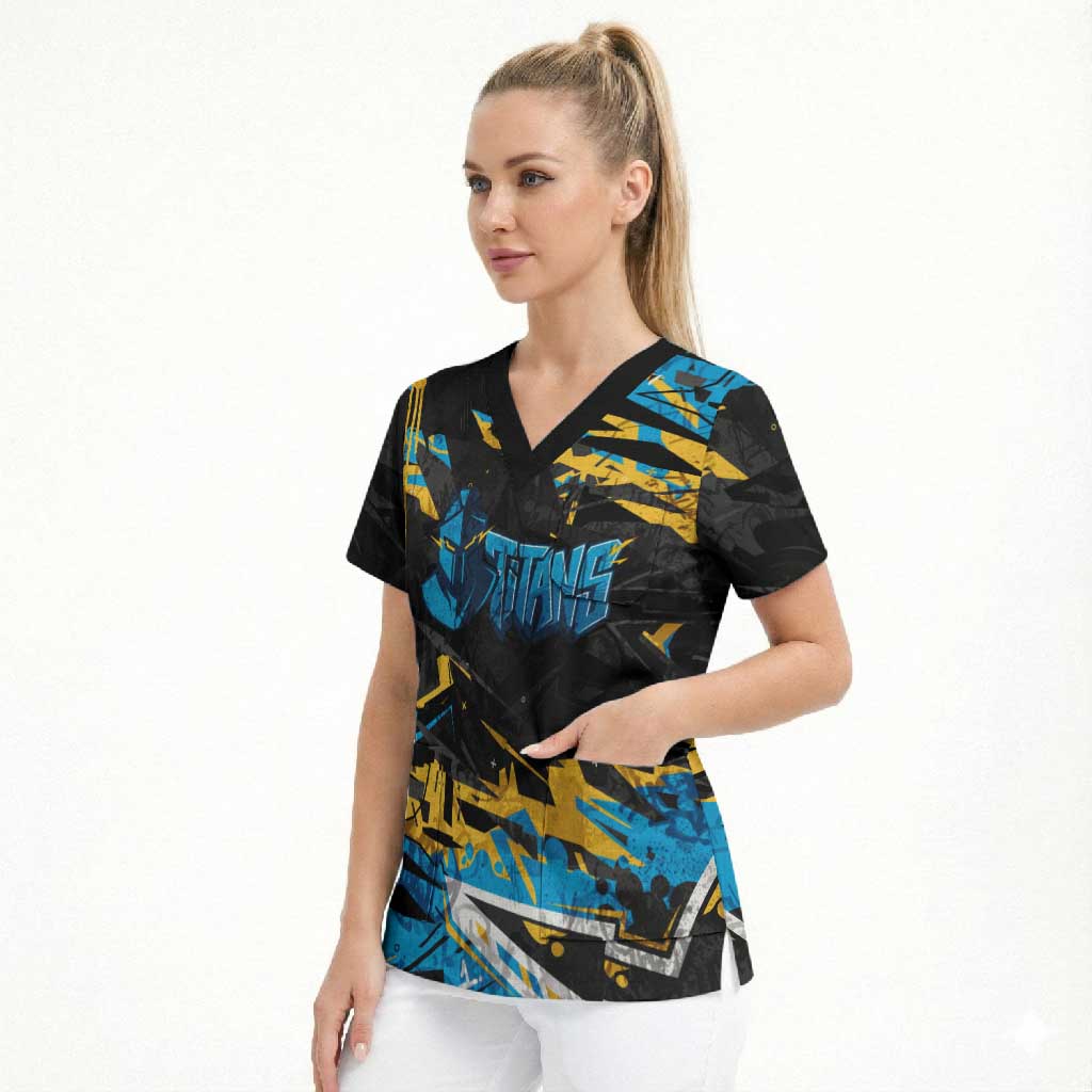 Personalized Gold Coast Titans Scrub Top Graffiti Grunge Abstract Urban Street Style Design