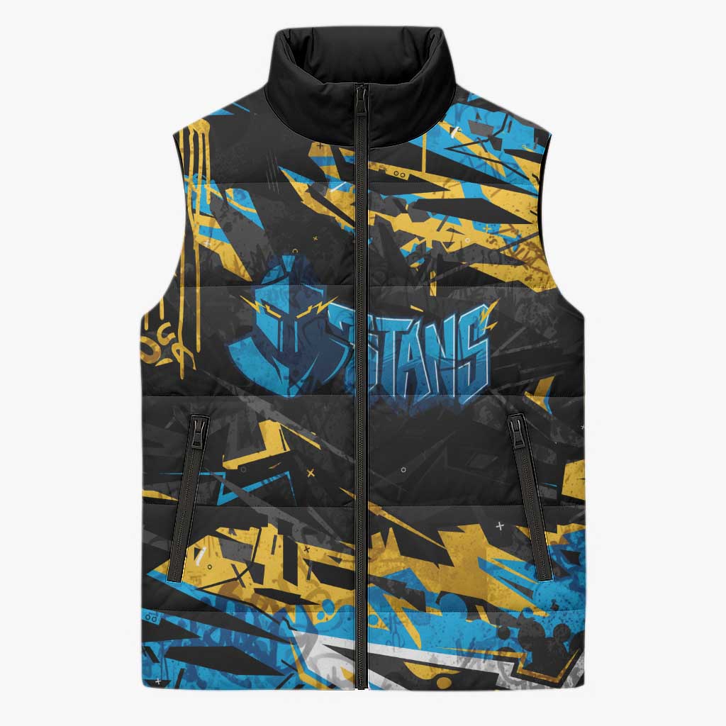 Personalized Gold Coast Titans Sleeveless Puffer Jacket Graffiti Grunge Abstract Urban Street Style Design