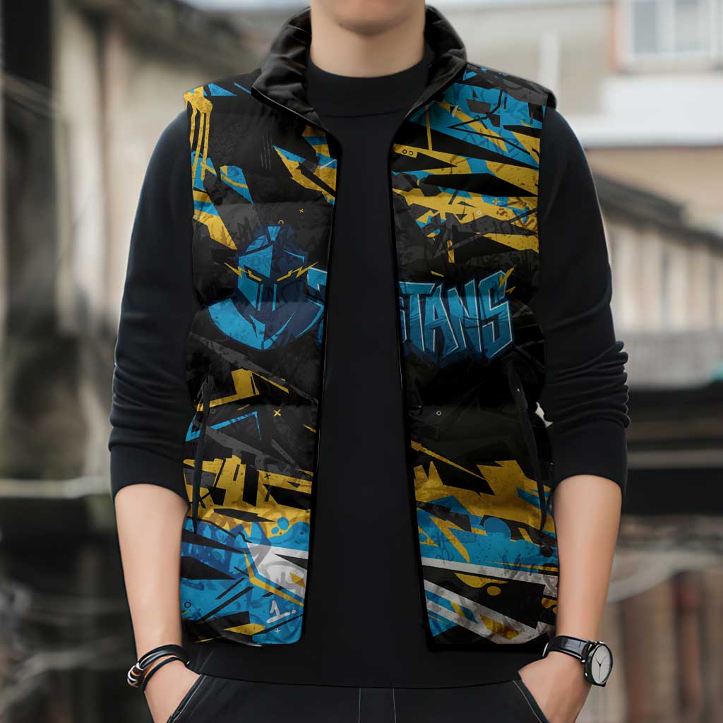 Personalized Gold Coast Titans Sleeveless Puffer Jacket Graffiti Grunge Abstract Urban Street Style Design