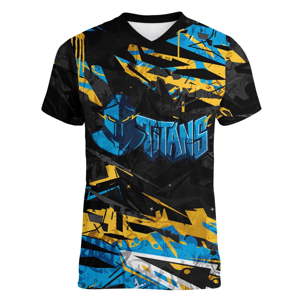 Personalized Gold Coast Titans Women V-Neck T-Shirt Graffiti Grunge Abstract Urban Street Style Design