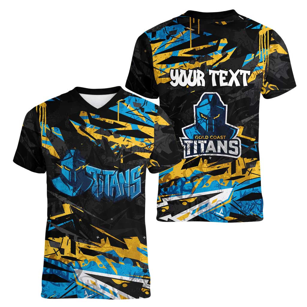 Personalized Gold Coast Titans Women V-Neck T-Shirt Graffiti Grunge Abstract Urban Street Style Design