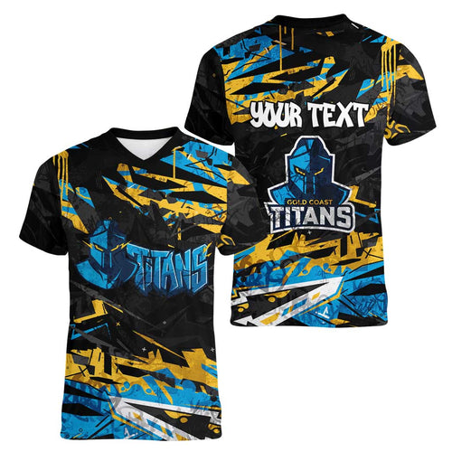 Personalized Gold Coast Titans Women V-Neck T-Shirt Graffiti Grunge Abstract Urban Street Style Design