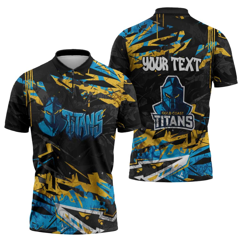 Personalized Gold Coast Titans Zipper Polo Shirt Graffiti Grunge Abstract Urban Street Style Design