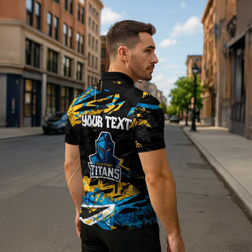 Personalized Gold Coast Titans Zipper Polo Shirt Graffiti Grunge Abstract Urban Street Style Design