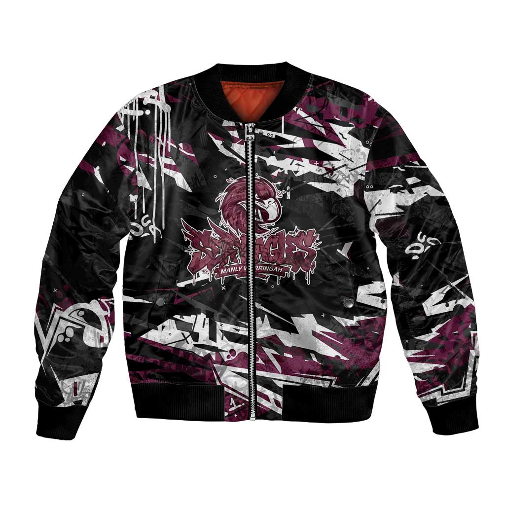 Personalized Manly Warringah Sea Eagles Bomber Jacket Graffiti Grunge Abstract Urban Street Style Design