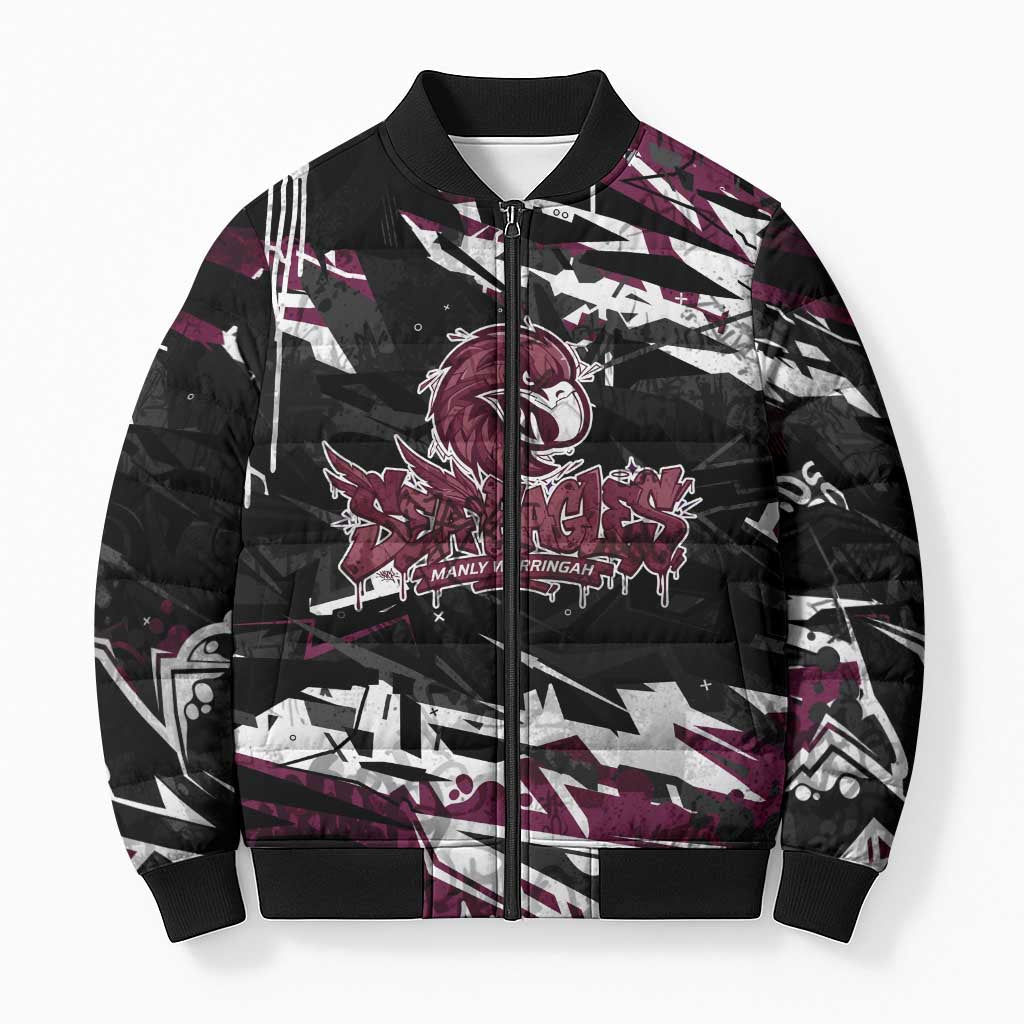 Personalized Manly Warringah Sea Eagles Bomber Puffer Jacket Graffiti Grunge Abstract Urban Street Style Design