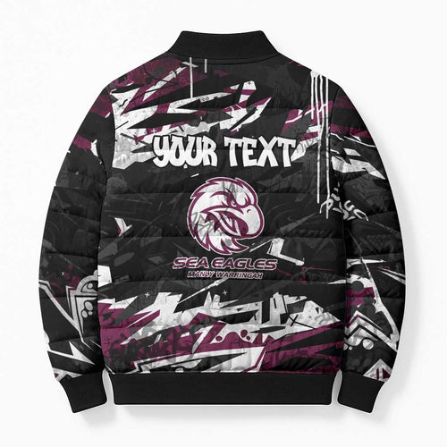 Personalized Manly Warringah Sea Eagles Bomber Puffer Jacket Graffiti Grunge Abstract Urban Street Style Design