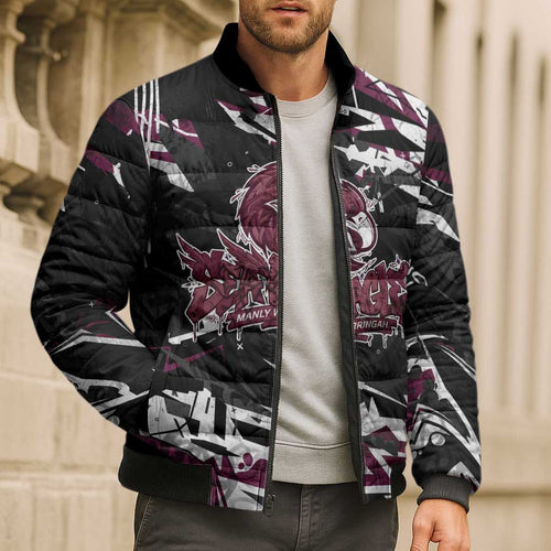 Personalized Manly Warringah Sea Eagles Bomber Puffer Jacket Graffiti Grunge Abstract Urban Street Style Design