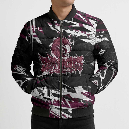 Personalized Manly Warringah Sea Eagles Bomber Puffer Jacket Graffiti Grunge Abstract Urban Street Style Design