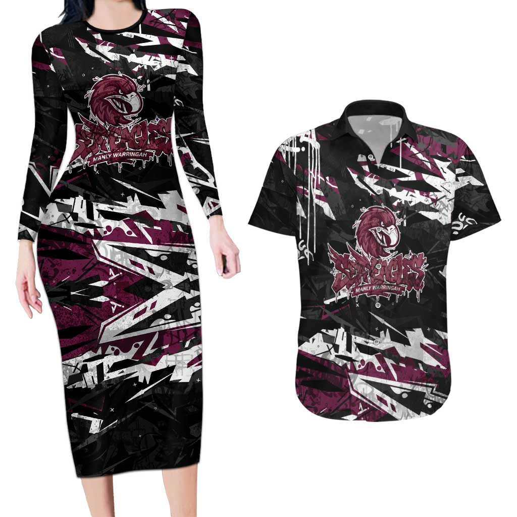 Personalized Manly Warringah Sea Eagles Couples Matching Long Sleeve Bodycon Dress and Hawaiian Shirt Graffiti Grunge Abstract Urban Street Style Design