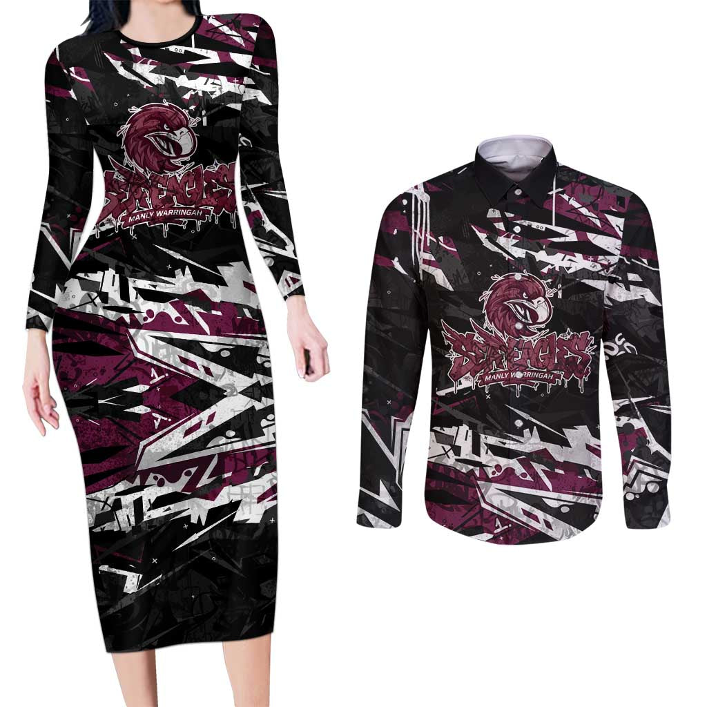 Personalized Manly Warringah Sea Eagles Couples Matching Long Sleeve Bodycon Dress and Long Sleeve Button Shirt Graffiti Grunge Abstract Urban Street Style Design