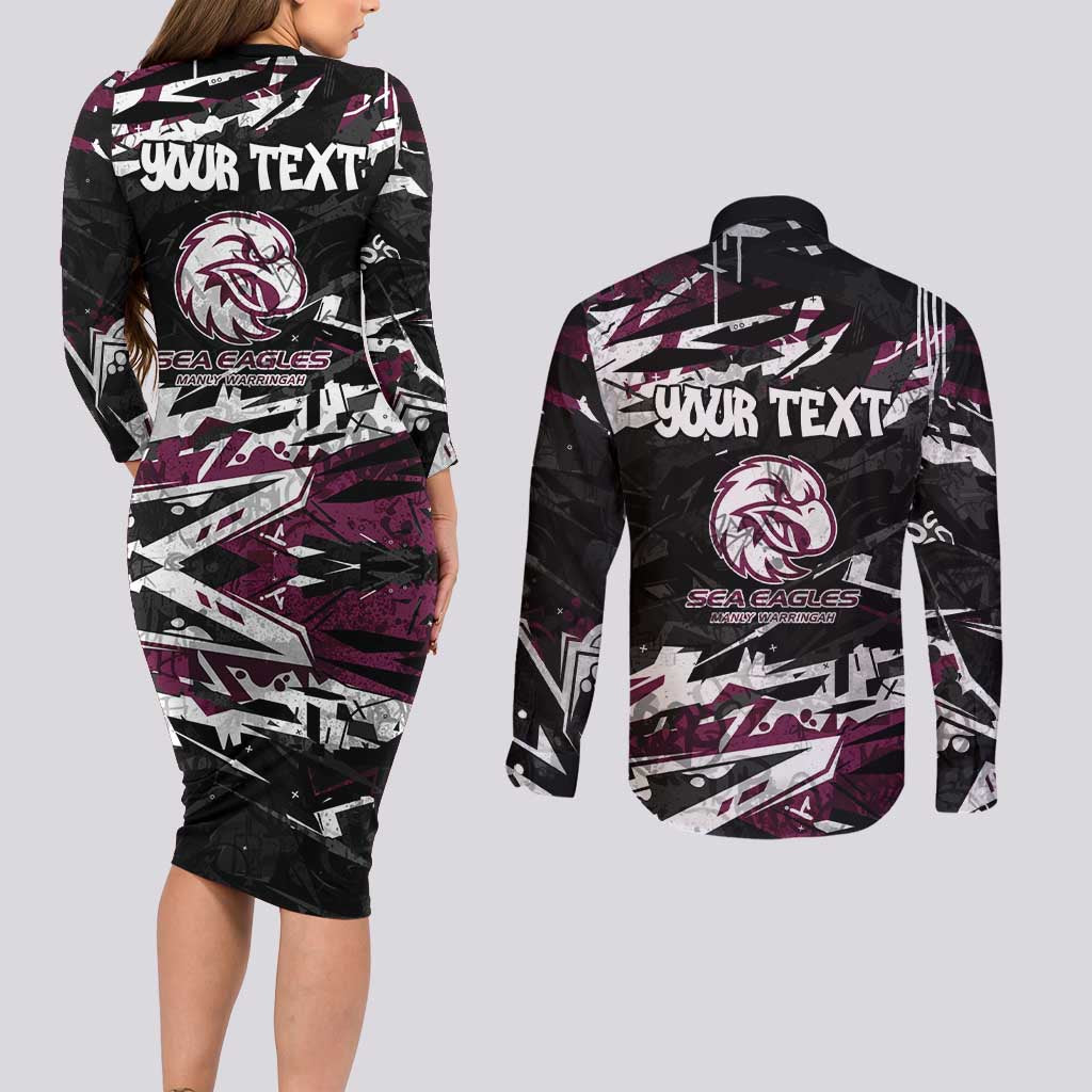 Personalized Manly Warringah Sea Eagles Couples Matching Long Sleeve Bodycon Dress and Long Sleeve Button Shirt Graffiti Grunge Abstract Urban Street Style Design