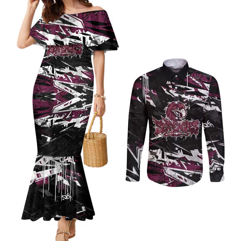 Personalized Manly Warringah Sea Eagles Couples Matching Mermaid Dress and Long Sleeve Button Shirt Graffiti Grunge Abstract Urban Street Style Design