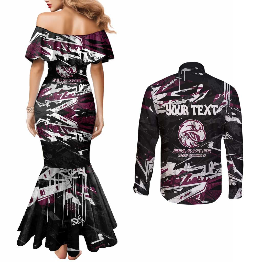 Personalized Manly Warringah Sea Eagles Couples Matching Mermaid Dress and Long Sleeve Button Shirt Graffiti Grunge Abstract Urban Street Style Design