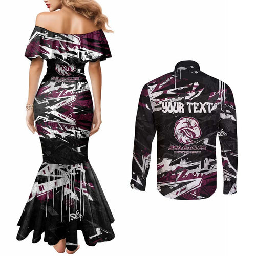 Personalized Manly Warringah Sea Eagles Couples Matching Mermaid Dress and Long Sleeve Button Shirt Graffiti Grunge Abstract Urban Street Style Design