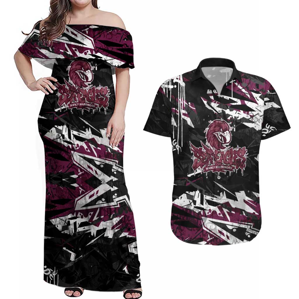 Personalized Manly Warringah Sea Eagles Couples Matching Off Shoulder Maxi Dress and Hawaiian Shirt Graffiti Grunge Abstract Urban Street Style Design