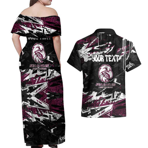 Personalized Manly Warringah Sea Eagles Couples Matching Off Shoulder Maxi Dress and Hawaiian Shirt Graffiti Grunge Abstract Urban Street Style Design